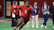 Oklahoma offensive lineman Tyler Guyton runs a drill during the University of Oklahoma (OU) Sooners