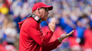 Sep 28, 2024; Kansas City, Missouri, USA; Kansas Jayhawks head coach Lance Leipold celebrates on field after scoring against the TCU Horned Frogs during the first half at GEHA Field at Arrowhead Stadium. Mandatory Credit: Denny Medley-Imagn Images