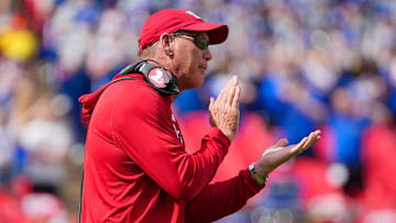 Sep 28, 2024; Kansas City, Missouri, USA; Kansas Jayhawks head coach Lance Leipold celebrates on field after scoring against the TCU Horned Frogs during the first half at GEHA Field at Arrowhead Stadium. Mandatory Credit: Denny Medley-Imagn Images