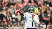 Dec 7, 2025; Cleveland, Ohio, USA; Tennessee Titans quarterback Cam Ward (1) throws a pass against the Cleveland Browns during the first quarter at Huntington Bank Field. Mandatory Credit: Ken Blaze-Imagn Images