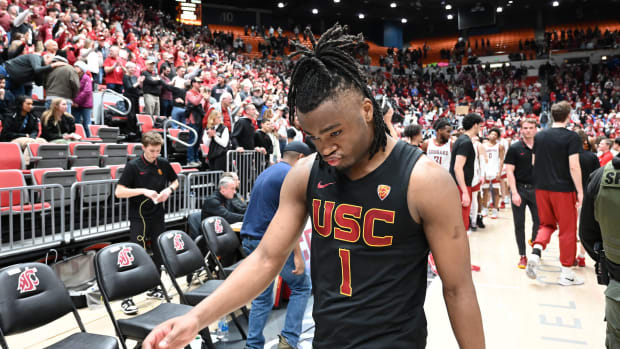 Feb 29, 2024; Pullman, Washington, USA; USC Trojans guard Isaiah Collier (1) walks off the court after a game against the Washington State Cougars at Friel Court at Beasley Coliseum. Washington State Cougars won 75-72. Mandatory Credit: James Snook-USA TODAY Sports