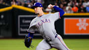 Texas Rangers pitcher Jacob Latz (67) pitches in the third inning of the game between Arizona Diamondbacks and Texas Rangers at Chase Field.