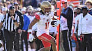 Nov 8, 2025; Chestnut Hill, Massachusetts, USA; Boston College Eagles wide receiver Lewis Bond (11) runs the ball during the first half against the Southern Methodist University Mustangs at Alumni Stadium. Mandatory Credit: Eric Canha-Imagn Images