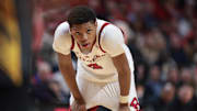 Feb 12, 2025; Piscataway, New Jersey, USA; Rutgers Scarlet Knights guard Ace Bailey (4) looks on during the second half against the Iowa Hawkeyes at Jersey Mike's Arena. Mandatory Credit: Vincent Carchietta-Imagn Images