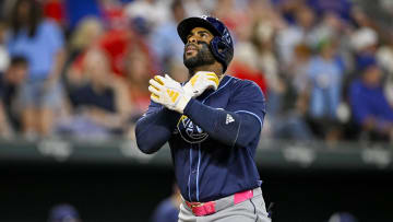 Jul 6, 2024; Arlington, Texas, USA; Tampa Bay Rays first baseman Yandy Diaz (2) rounds the bases after he hits a three home run against the Texas Rangers during the seventh inning at Globe Life Field.