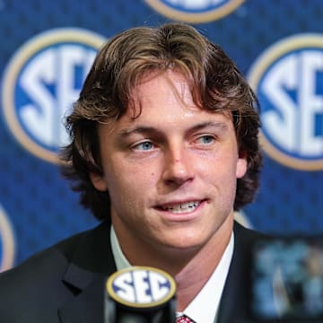 Oklahoma quarterback John Mateer spoke at the podium at SEC Media Days in Atlanta.