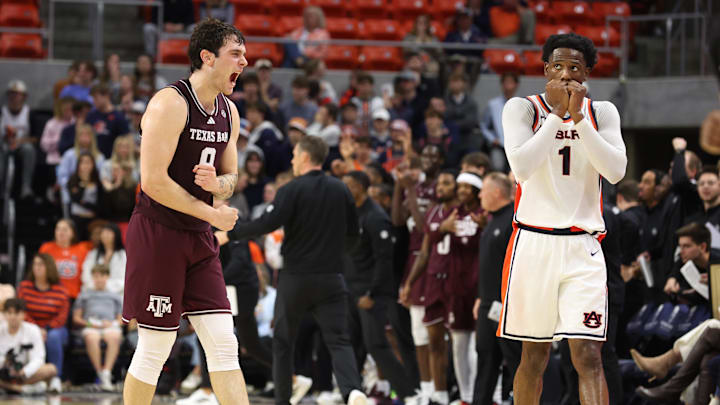 Dec 3, 2025; Auburn, Alabama, USA;  Texas A&M Aggies guard Ruben Dominguez (9) reacts after making a 3 point basket against the Auburn Tigers during the second half at Neville Arena. Mandatory Credit: John Reed-Imagn Images