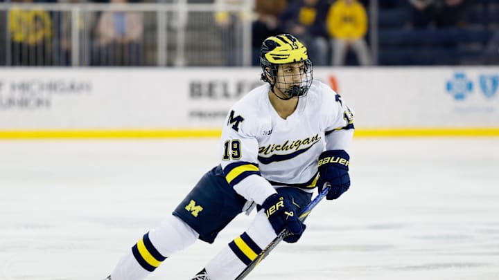Mar 7, 2025; Ann Arbor, MI, USA;  Michigan Wolverines forward Michael Hage (19) skates against Penn State  during a Big Ten Tournament quarter final game at Yost Arena. Mandatory Credit: Rick Osentoski-Imagn Images