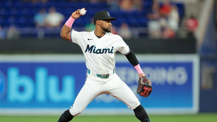 Aug 26, 2026; Miami, Florida, USA; Miami Marlins shortstop Otto Lopez (6) throws to first base to retire Boston Red Sox center fielder Ceddanne Rafaela (not pictured) during the first inning at loanDepot Park. Mandatory Credit: Sam Navarro-Imagn Images