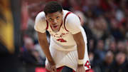 Feb 12, 2025; Piscataway, New Jersey, USA; Rutgers Scarlet Knights guard Ace Bailey (4) looks on during the second half against the Iowa Hawkeyes at Jersey Mike's Arena. Mandatory Credit: Vincent Carchietta-Imagn Images