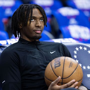 May 2, 2024; Philadelphia, Pennsylvania, USA; Philadelphia 76ers guard Tyrese Maxey before game six of the first round for the 2024 NBA playoffs against the New York Knicks at Wells Fargo Center. Mandatory Credit: Bill Streicher-Imagn Images