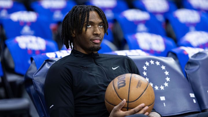 May 2, 2024; Philadelphia, Pennsylvania, USA; Philadelphia 76ers guard Tyrese Maxey before game six of the first round for the 2024 NBA playoffs against the New York Knicks at Wells Fargo Center. Mandatory Credit: Bill Streicher-Imagn Images