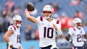 Oct 19, 2025; Nashville, Tennessee, USA; New England Patriots quarterback Drake Maye (10) warms up before the game between the New England Patriots and Tennessee Titans at Nissan Stadium. Mandatory Credit: Steve Roberts-Imagn Images