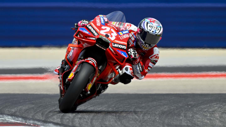 Apr 13, 2024; Austin, TX, USA; Enea Bastianini (23) of Italy and Ducati Lenovo Team rides during the qualifying session for the MotoGP Grand Prix of the Americas at Circuit of The Americas. Mandatory Credit: Jerome Miron-USA TODAY Sports