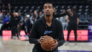 Dec 13, 2024; Salt Lake City, Utah, USA; Utah Jazz forward John Collins (20) warms up before the game against the Phoenix Suns at Delta Center. Mandatory Credit: Rob Gray-Imagn Images