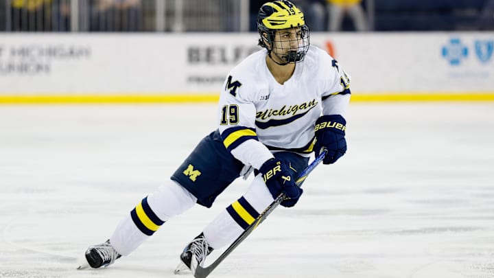 Mar 7, 2025; Ann Arbor, MI, USA;  Michigan Wolverines forward Michael Hage (19) skates against Penn State  during a Big Ten Tournament quarter final game at Yost Arena. Mandatory Credit: Rick Osentoski-Imagn Images