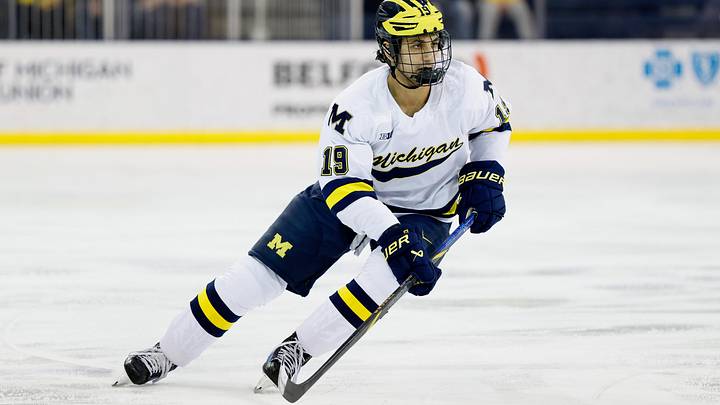 Mar 7, 2025; Ann Arbor, MI, USA;  Michigan Wolverines forward Michael Hage (19) skates against Penn State  during a Big Ten Tournament quarter final game at Yost Arena. Mandatory Credit: Rick Osentoski-Imagn Images