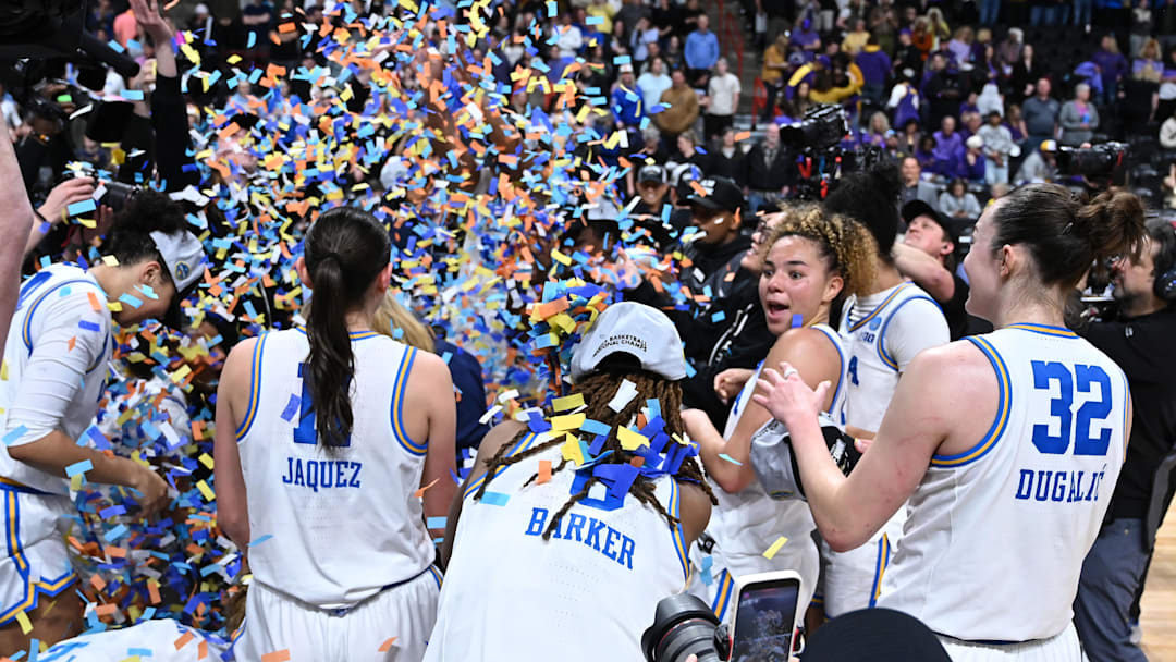 Mar 30, 2025; Spokane, WA, USA; UCLA Bruins celebrates after an Elite 8 NCAA Tournament basketball game against the LSU Lady Tigers at Spokane Arena. Mandatory Credit: James Snook-Imagn Images