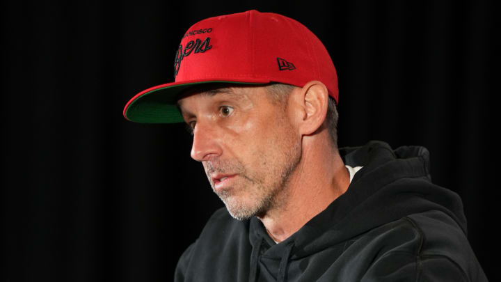 Feb 8, 2024; Las Vegas, NV, USA; San Francisco 49ers head coach Kyle Shanahan during a press conference before Super Bowl LVIII at Hilton Lake Las Vegas Resort and Spa. Mandatory Credit: Kyle Terada-USA TODAY Sports