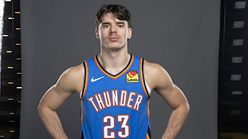 Sep 29, 2025; Oklahoma City, OK, USA; Oklahoma City Thunder forward Brooks Barnhizer (23) poses for a photo during the 2025 Oklahoma City Thunder media day at Paycom Center. Mandatory Credit: Alonzo Adams-Imagn Images