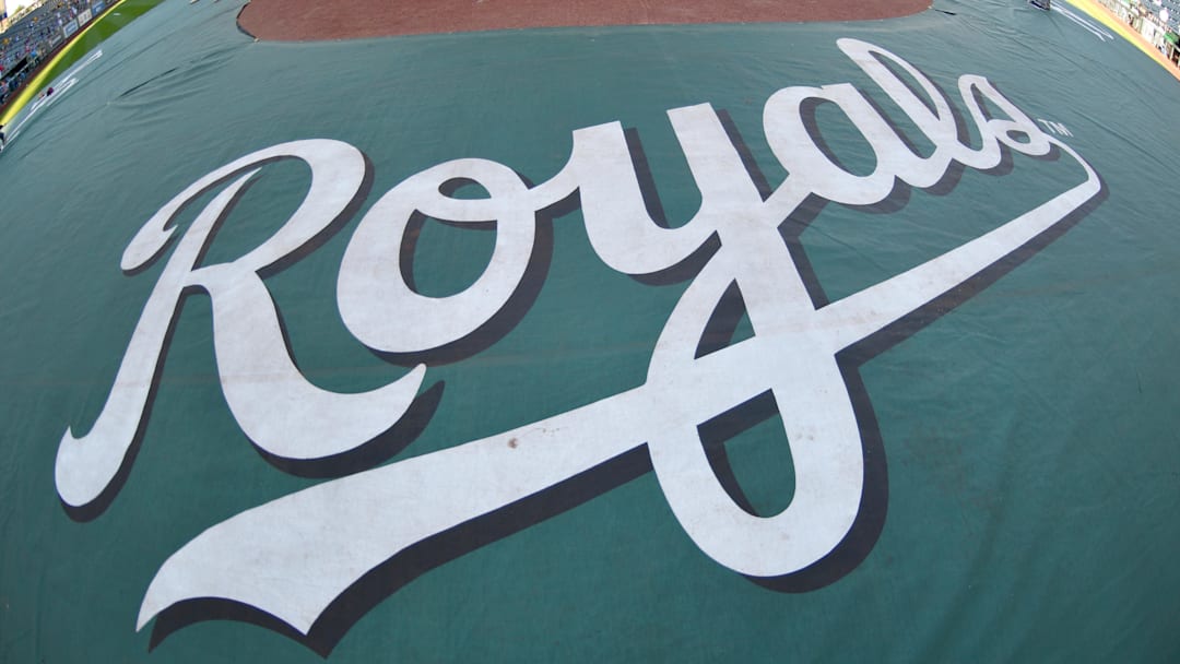 Jun 20, 2017; Kansas City, MO, USA; A general view of the home plate tarp logo during the Boston Red Sox batting practice before the game against the Kansas City Royals at Kauffman Stadium. Mandatory Credit: Denny Medley-Imagn Images