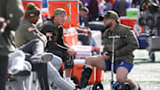 Nov 16, 2025; East Rutherford, New Jersey, USA; New York Giants quarterback Jaxson Dart (6) and running back Cam Skattebo, right, talk before the game against the Green Bay Packers at MetLife Stadium.  
