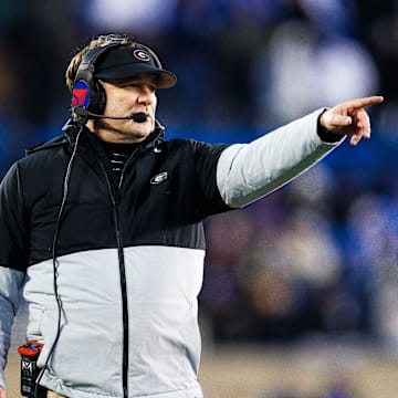 Nov 19, 2022; Lexington, Kentucky, USA; Georgia Bulldogs head coach Kirby Smart points during the game against the Kentucky Wildcats at Kroger Field. Mandatory Credit: Jordan Prather-Imagn Images