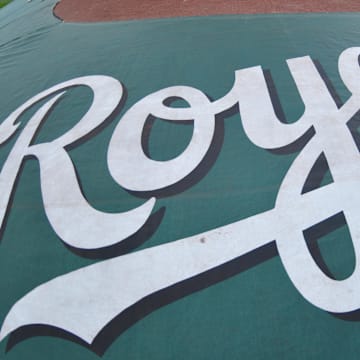 Jun 20, 2017; Kansas City, MO, USA; A general view of the home plate tarp logo during the Boston Red Sox batting practice before the game against the Kansas City Royals at Kauffman Stadium. Mandatory Credit: Denny Medley-Imagn Images