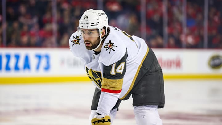 Apr 15, 2025; Calgary, Alberta, CAN; Vegas Golden Knights defenseman Nicolas Hague (14) against the Calgary Flames during the first period at Scotiabank Saddledome. Mandatory Credit: Sergei Belski-Imagn Images