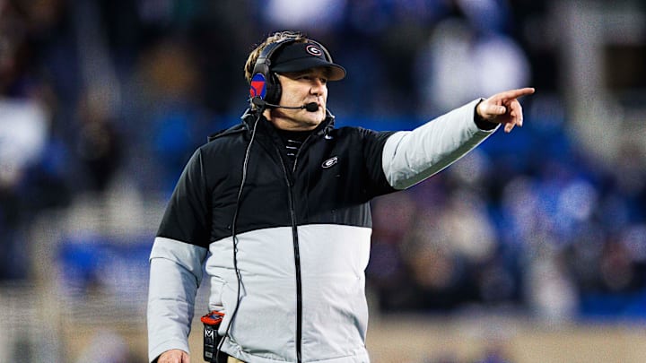 Nov 19, 2022; Lexington, Kentucky, USA; Georgia Bulldogs head coach Kirby Smart points during the game against the Kentucky Wildcats at Kroger Field. Mandatory Credit: Jordan Prather-Imagn Images