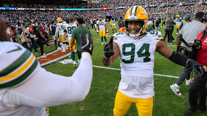 Green Bay Packers defensive end Karl Brooks (94) celebrates after blocking a field goal to clinch the win at the Bears. Green Bay Packers defensive end Karl Brooks (94) celebrates after blocking a field goal to clinch the win at the Bears.