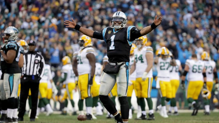 CHARLOTTE, NC - DECEMBER 17: Cam Newton #1 of the Carolina Panthers reacts after a 31-24 victory over the Green Bay Packers at Bank of America Stadium on December 17, 2017 in Charlotte, North Carolina.