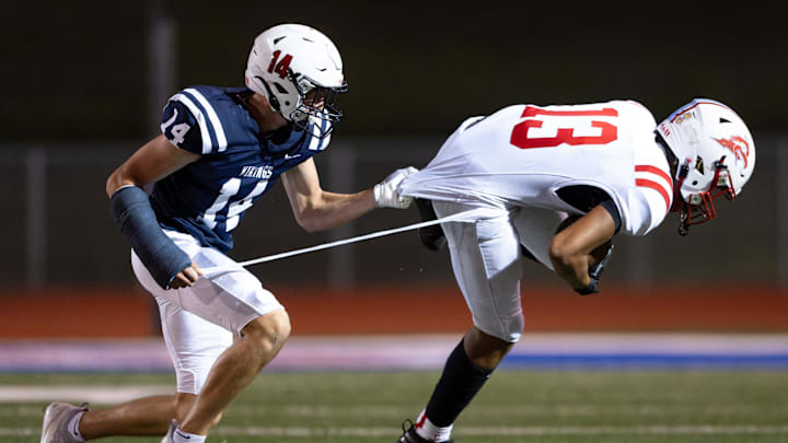 Seaman tackles Shawnee Heights during a football game against Shawnee Heights, Friday, Oct. 10, 2025 at Seaman High School.