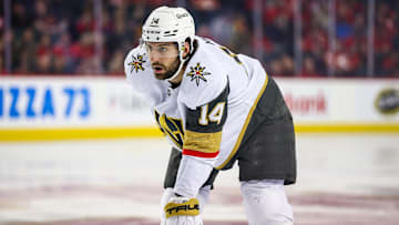 Apr 15, 2025; Calgary, Alberta, CAN; Vegas Golden Knights defenseman Nicolas Hague (14) against the Calgary Flames during the first period at Scotiabank Saddledome.