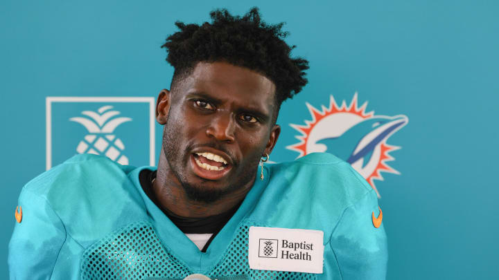 Aug 6, 2024; Miami Gardens, FL, USA; Miami Dolphins wide receiver Tyreek Hill (10) talks to reporters after a joint practice with the Atlanta Falcons at Baptist Health Training Complex. Mandatory Credit: Sam Navarro-USA TODAY Sports