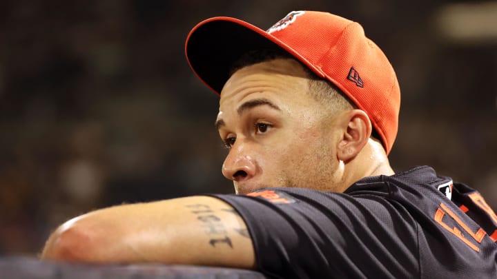 Mar 7, 2024; Tampa, Florida, USA;  Detroit Tigers starting pitcher Jack Flaherty (45) looks on from the dugout against the New York Yankees at George M. Steinbrenner Field