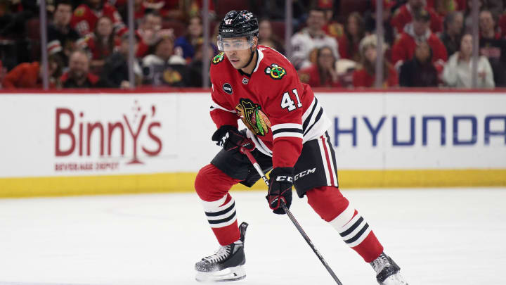 Jan 19, 2024; Chicago, Illinois, USA;  Chicago Blackhawks defenseman Isaak Phillips (41) skates against the New York Islanders at United Center. Mandatory Credit: Jamie Sabau-USA TODAY Sports