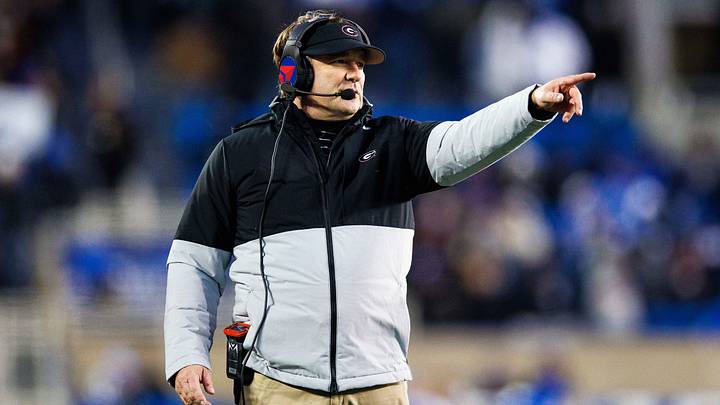 Nov 19, 2022; Lexington, Kentucky, USA; Georgia Bulldogs head coach Kirby Smart points during the game against the Kentucky Wildcats at Kroger Field. Mandatory Credit: Jordan Prather-USA TODAY Sports