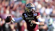 Jan 3, 2025; Dallas, TX, USA; Texas State Bobcats quarterback Jordan McCloud (3) throws a pass against the North Texas Mean Green during the first quarter at Gerald J. Ford Stadium. Mandatory Credit: Tim Heitman-Imagn Images