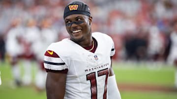 Sep 29, 2024; Glendale, Arizona, USA; Washington Commanders wide receiver Terry McLaurin (17) against the Arizona Cardinals at State Farm Stadium. Mandatory Credit: Mark J. Rebilas-Imagn Images