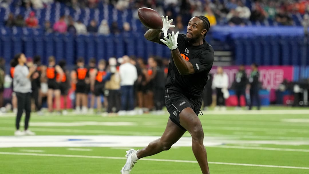 Feb 28, 2026; Indianapolis, IN, USA; Notre Dame wideout Malachi Fields (WO20) during the NFL Scouting Combine at Lucas Oil Stadium. Mandatory Credit: Kirby Lee-Imagn Images
