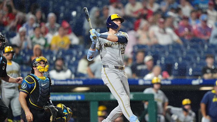 Philadelphia, Pennsylvania, USA; Milwaukee Brewers outfielder Christian Yelich (22) hits a home run against the Philadelphia Phillies in the ninth inning at Citizens Bank Park.