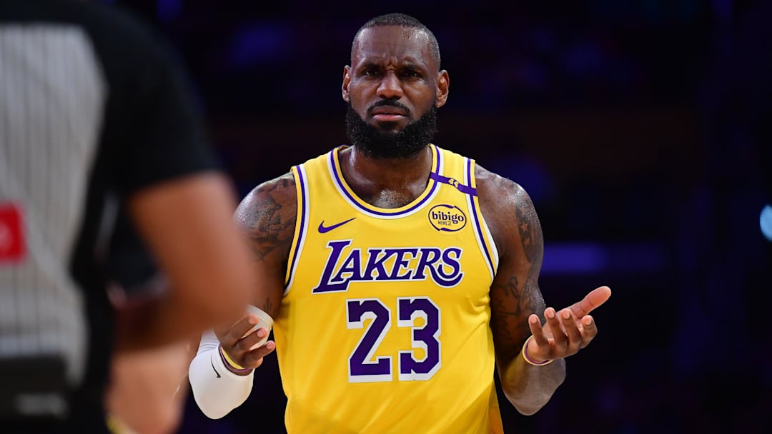 Dec 31, 2024; Los Angeles, California, USA; Los Angeles Lakers forward LeBron James (23) reacts during the first half at Crypto.com Arena. Mandatory Credit: Gary A. Vasquez-Imagn Images
