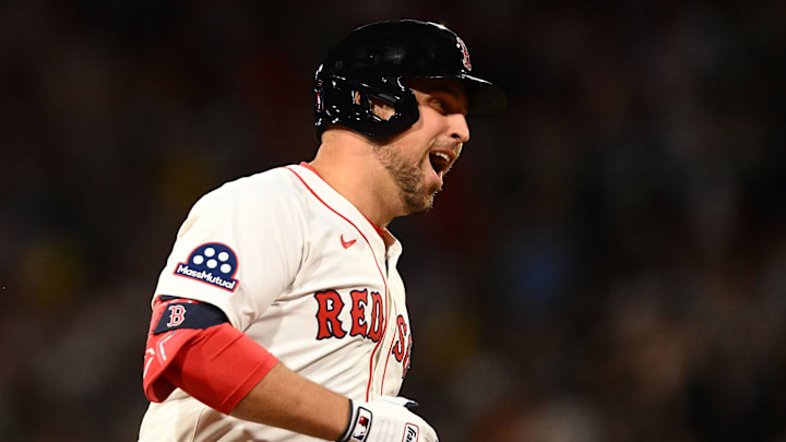 Aug 19, 2025; Boston, Massachusetts, USA; Boston Red Sox first baseman Nathaniel Lowe (37) reacts after hitting a two-run home run against the Baltimore Orioles during the ninth inning at Fenway Park. Mandatory Credit: Brian Fluharty-Imagn Images
