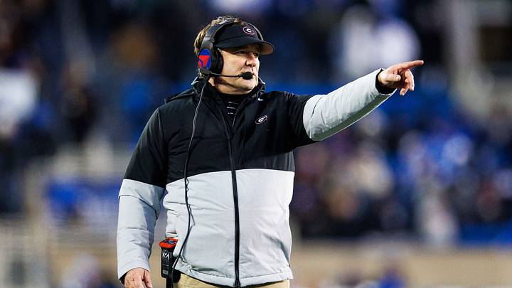 Nov 19, 2022; Lexington, Kentucky, USA; Georgia Bulldogs head coach Kirby Smart points during the game against the Kentucky Wildcats at Kroger Field. Mandatory Credit: Jordan Prather-USA TODAY Sports