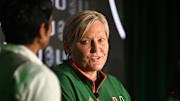 Oct 7, 2025; Charlotte, NC, USA; Miami head coach Tricia Cullop answers questions from the media at The Hilton Charlotte Uptown. Mandatory Credit: William Howard-Imagn Images