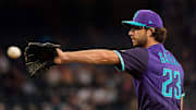 Aug 8, 2025; Phoenix, Arizona, USA; Arizona Diamondbacks pitcher Zac Gallen (23) pitches for the start of a game against the Colorado Rockies at Chase Field. Mandatory Credit: Allan Henry-Imagn Images