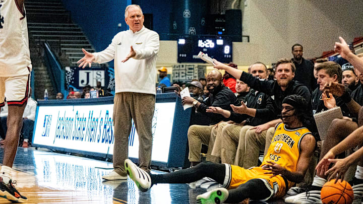 Southern Miss head coach Jay Ladner reacts to a play between Jackson State forward Devin Ree (4) and Southern Miss guard Isaac Taveras (10) during an exhibition men’s college basketball game between Jackson State and Southern Miss at Lee E. Williams Athletics and Assembly Center in Jackson, Miss., on Monday, Oct. 27, 2025. Southern Miss defeated Jackson State 81-71.