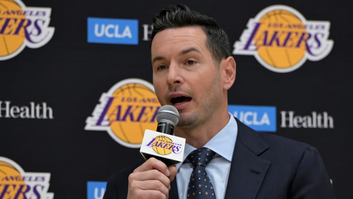 Jun 24, 2024; El Segundo, CA, USA; Los Angeles Lakers head coach JJ Redick speaks to the media during an introductory news conference at the UCLA Health Training Center. 