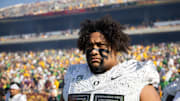 Nov 18, 2023; Tempe, Arizona, USA; Oregon Ducks offensive lineman Iapani Laloulu (72) against the Arizona State Sun Devils at Mountain America Stadium. Mandatory Credit: Mark J. Rebilas-Imagn Images